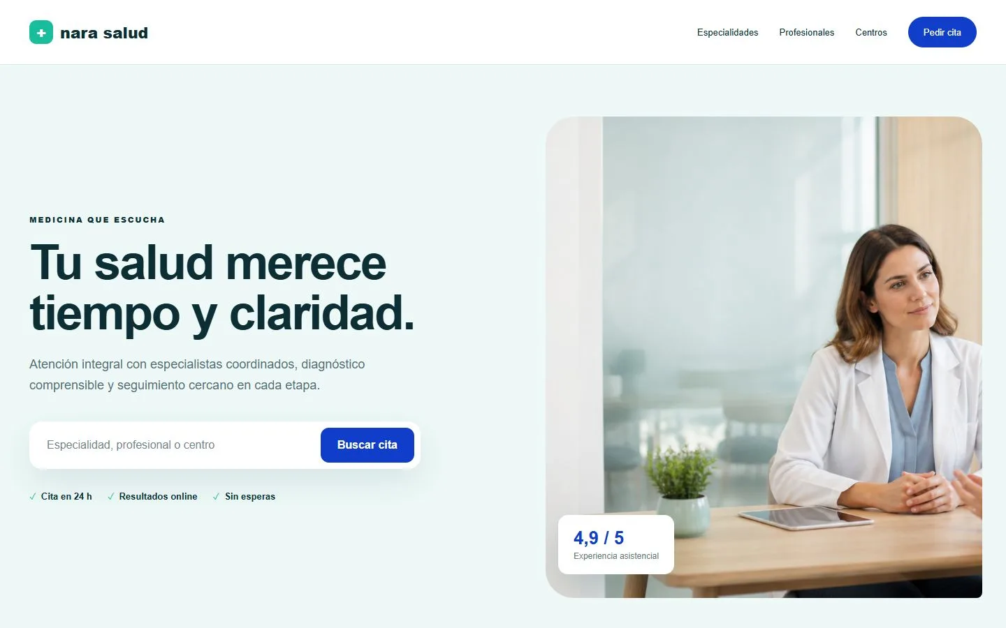 Concepto web para clínica y servicios sanitarios Concepto de landing para clínica privada con buscador de citas